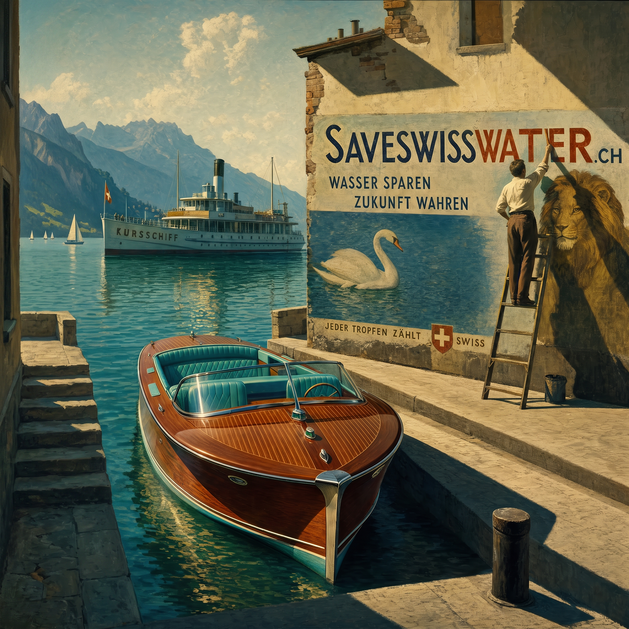 Save Swiss Water — vintage Swiss lake poster showing a wooden boat, paddle steamer, and a mural calling to save water